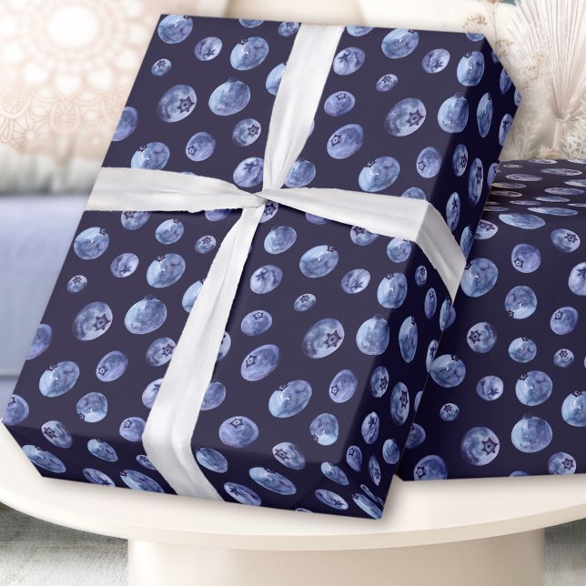 Papier Cadeau Aquarelle Blueberry Motif Blue Men (Watercolor blueberries pattern wrapping paper)