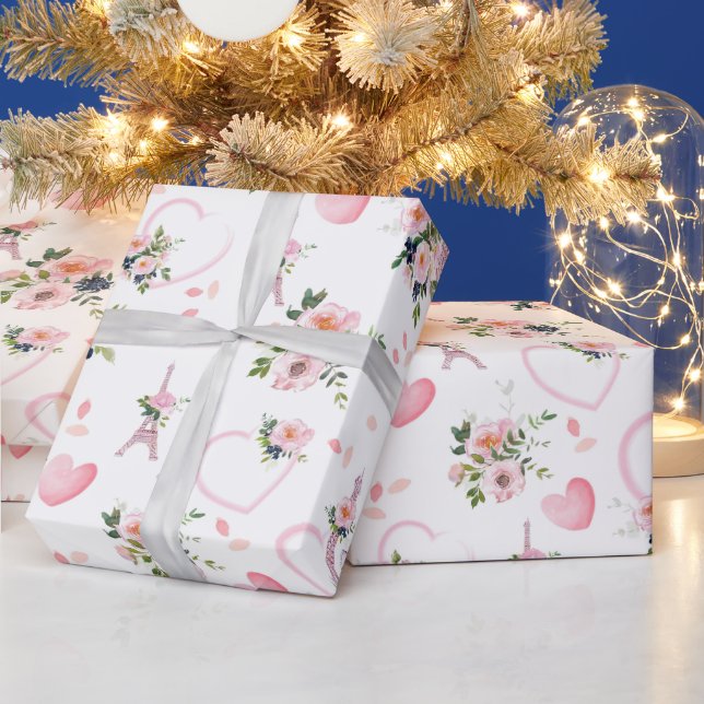 Papier Cadeau Aquarelle Blush Floral Tour Eiffel Motif (Vacances)