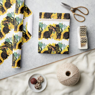 Papier Cadeau Aquarelle Bouquet de tournesol Chat Silhouette flo