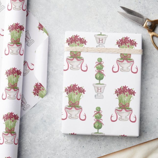 Papier Cadeau Aquarelle Bourgogne Amaryllis & Monogramme Topiair (Créateur téléchargé)