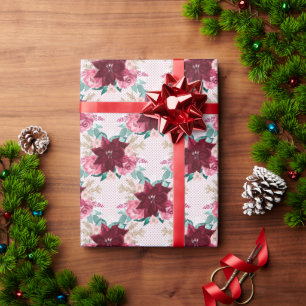 Papier Cadeau Aquarelle Bourgogne de Noël Poinsettia