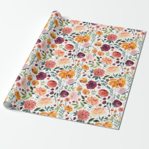 Papier Cadeau Aquarelle Bourgogne orange rose Fleurs du jardin