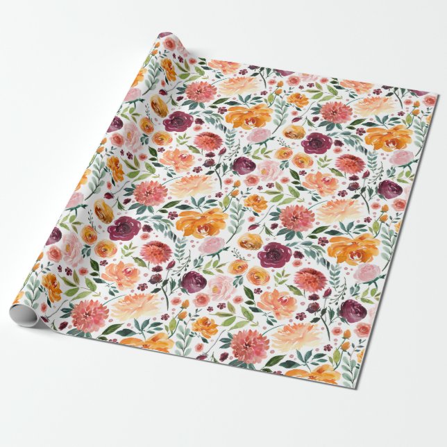 Papier Cadeau Aquarelle Bourgogne orange rose Fleurs du jardin (Déroulé)