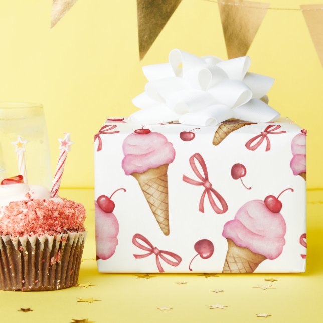 Papier Cadeau Aquarelle Bow Pink Ice Cree Cône (Fête d'anniversaire)