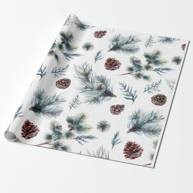 Papier Cadeau Aquarelle Branches de Cônes de Pin Noël (Déroulé)