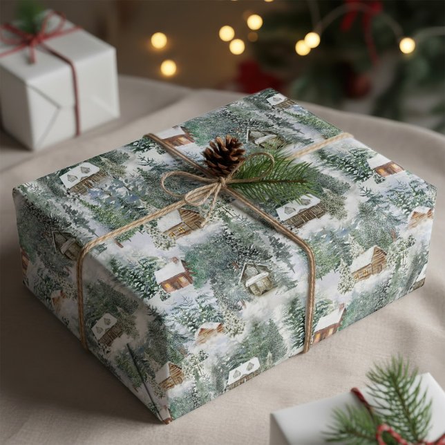 Papier Cadeau Aquarelle Cabine du bois de Noël (Créateur téléchargé)