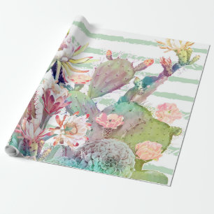Papier Cadeau Aquarelle Cactus Floral Stripes Design