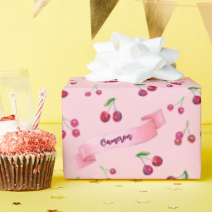 Papier Cadeau Aquarelle Cerises mignonne Girly rose Personnalisé
