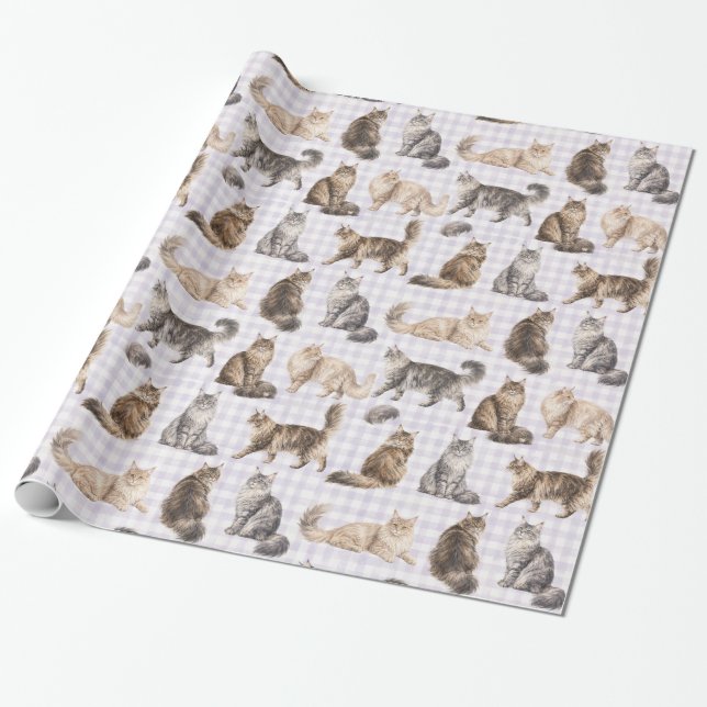 Papier Cadeau Aquarelle Chat à Poils Longs Gingham (Déroulé)
