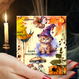 Papier Cadeau Aquarelle Chat Sorcière Halloween heureux
