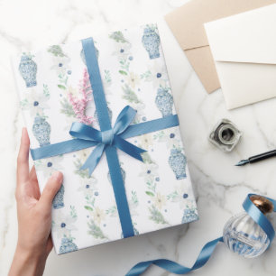 Papier Cadeau Aquarelle Chinoiserie Bleu Floral Ginger Jars
