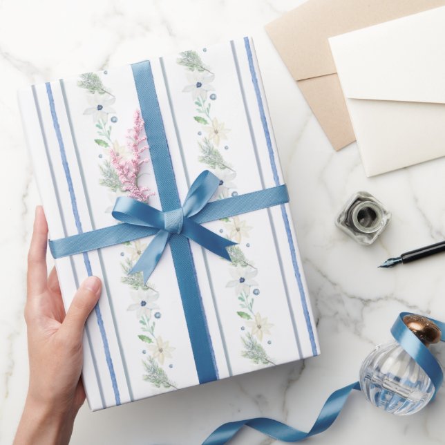 Papier Cadeau Aquarelle Chinoiserie Blue Christmas Flowers (Cadeaux)