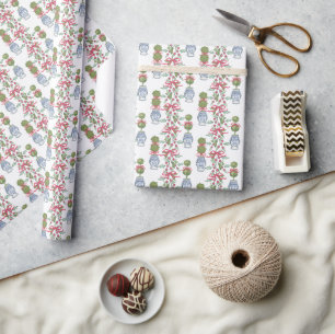 Papier Cadeau Aquarelle Chinoiserie Noël Bow rouge Topio