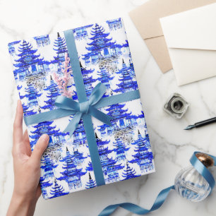 Papier Cadeau Aquarelle Chinoiserie Pagode Bleue
