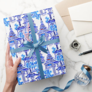 Papier Cadeau Aquarelle Chinoiserie Pagode Bleue