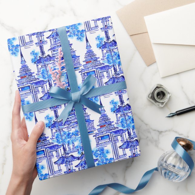 Papier Cadeau Aquarelle Chinoiserie Pagode Bleue (Cadeaux)