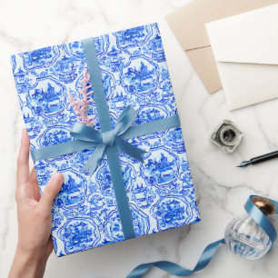 Papier Cadeau Aquarelle Chinoiserie Pagode Bleue