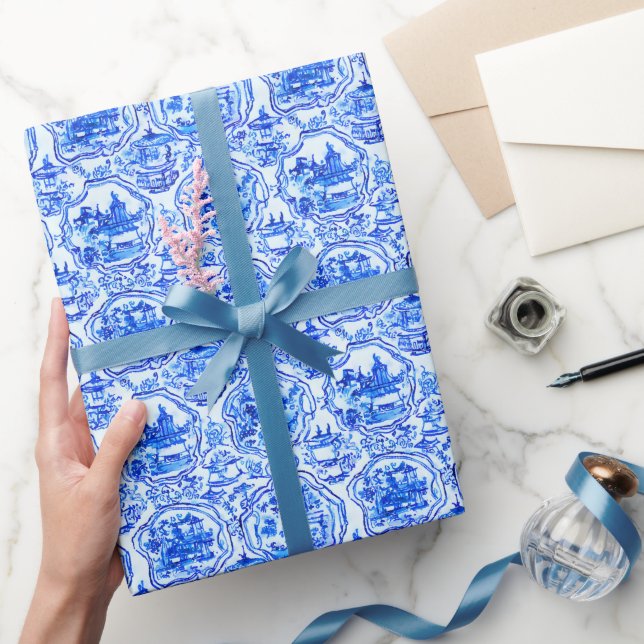 Papier Cadeau Aquarelle Chinoiserie Pagode Bleue (Cadeaux)