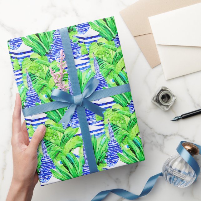 Papier Cadeau Aquarelle Chinoiserie Pagode Bleue (Cadeaux)