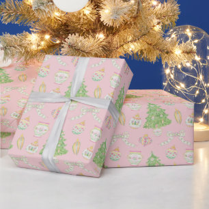 Papier Cadeau Aquarelle Chinoiserie rose Baubles Arbre de Noël