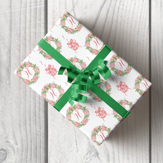 Papier Cadeau Aquarelle Chinoiserie Wreath Noël Monogramme (Chinoiserie Red Ornament Christmas Wreaths Wrapping Paper)
