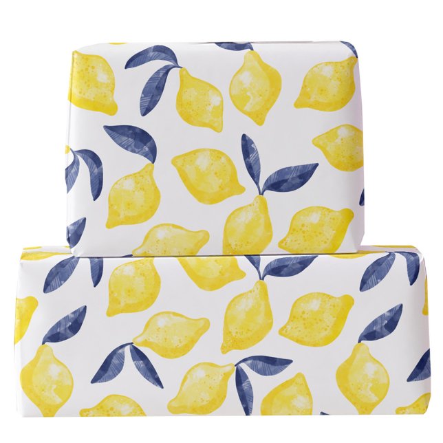 Papier Cadeau Aquarelle Citron Motif (Fresh Mediterranean citrus watercolor lemon pattern yellow and blue gift wrapping paper roll)