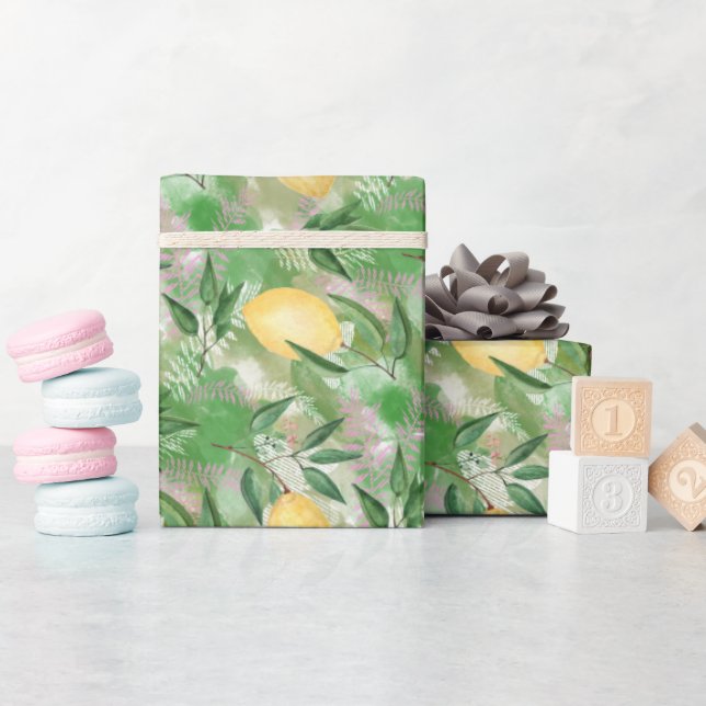 Papier Cadeau Aquarelle citrons fruits agrumes nature jaune frai (Baby Shower)