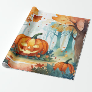 Papier Cadeau Aquarelle Citrouilles d'Automne Forêt Feuilles d'A
