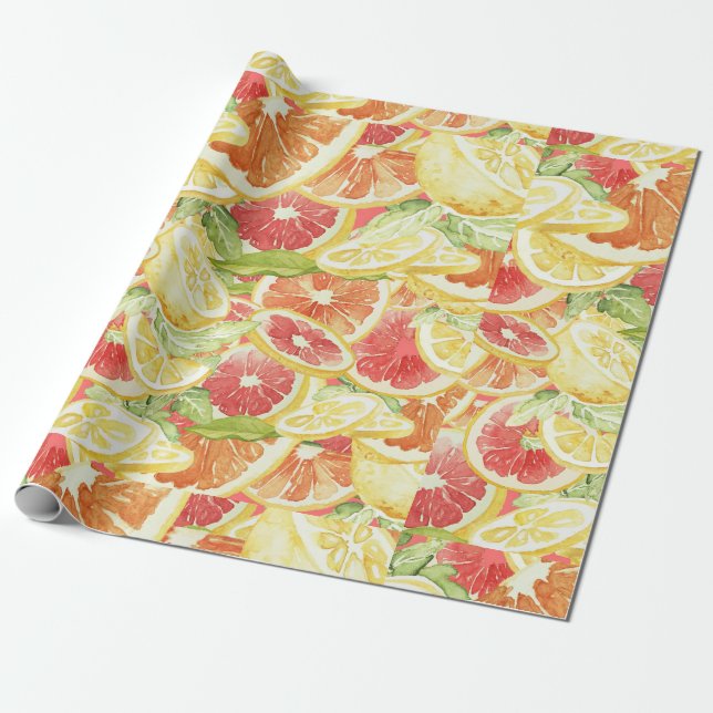 Papier Cadeau Aquarelle Citrus Pamplemousse Citron et orange (Déroulé)