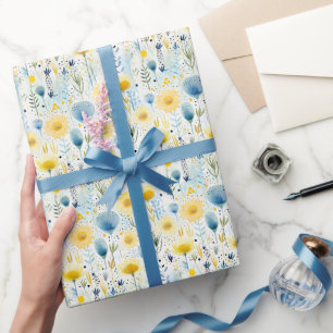 Papier Cadeau Aquarelle claire Floral Jaune et Bleu Botanique