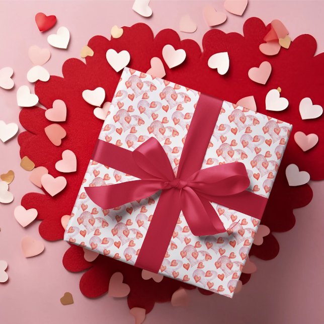 Papier Cadeau Aquarelle Coeurs rouges Motif Saint Valentin (Créateur téléchargé)