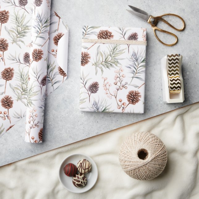 Papier Cadeau Aquarelle cônes et branches de pin avec baies (Artisanat)