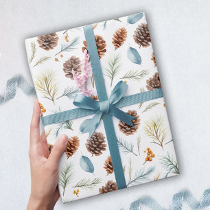 Papier Cadeau Aquarelle cônes et branches de pin avec baies