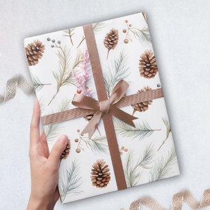 Papier Cadeau Aquarelle cônes et branches de pin avec baies