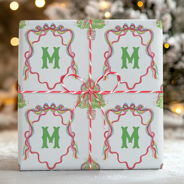 Papier Cadeau Aquarelle Confetti Arbres de Noël Monogram Crest (Créateur téléchargé)