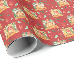 Papier Cadeau Aquarelle Cosy Cheminée de Noël Motif rouge