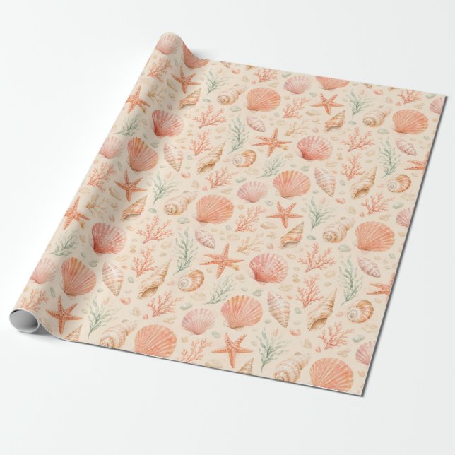 Papier Cadeau Aquarelle Côtière Corail Coquillage  (Déroulé)