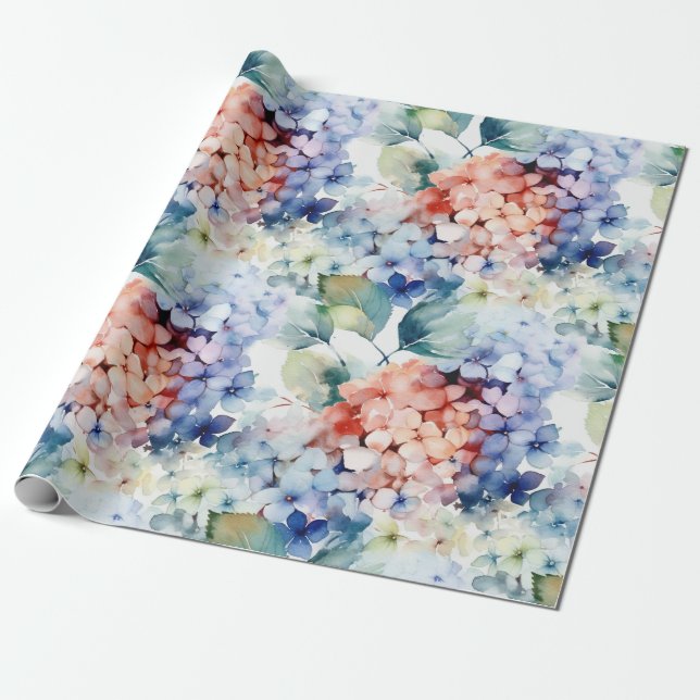 Papier Cadeau Aquarelle Couleur mixte Fleurs d'hydrangée (Déroulé)