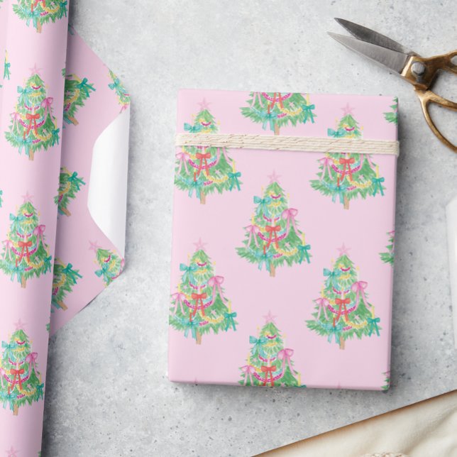 Papier Cadeau Aquarelle Couleurs vives Coquette Arbre de Noël (Créateur téléchargé)