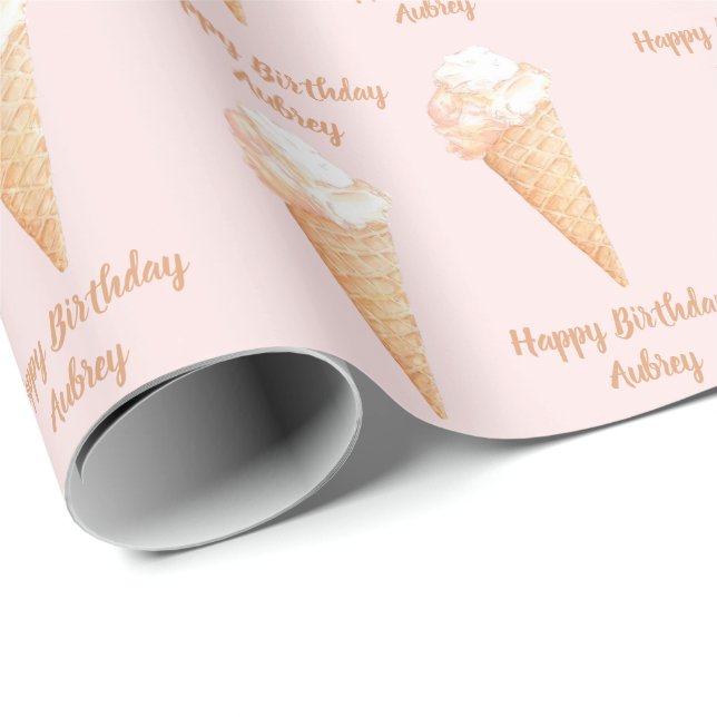 Papier Cadeau Aquarelle Crème de glace rose Personnalisée Annive (Coin rond)