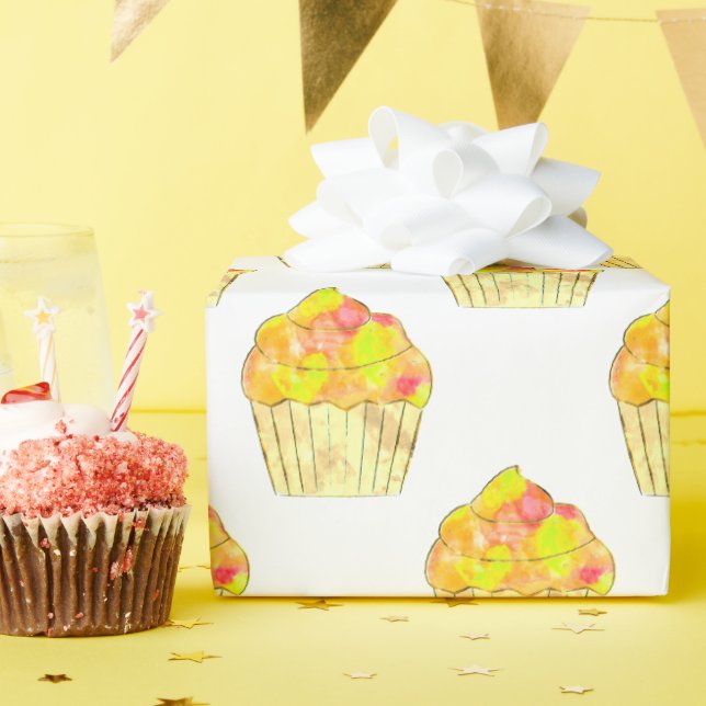 Papier Cadeau Aquarelle Cupcake peinture sur blanc (Fête d'anniversaire)