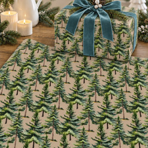Papier Cadeau Aquarelle de bois hivernal S Sapin Forêt Kraft
