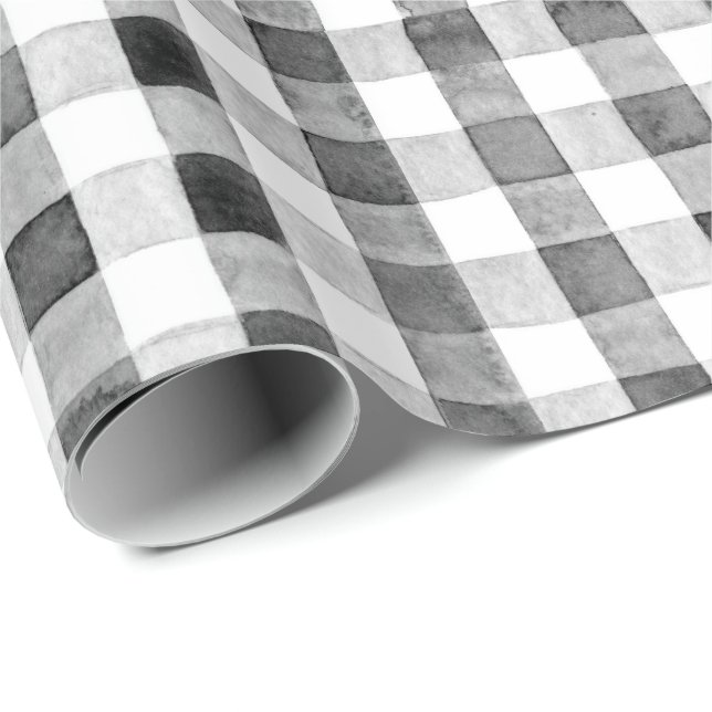 Papier Cadeau Aquarelle de Buffalo plaid - noir et blanc (Coin rond)