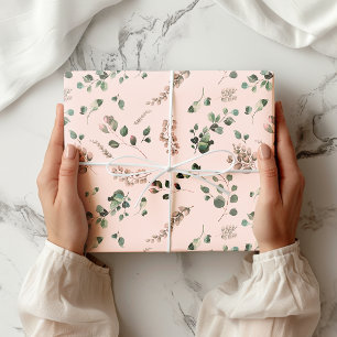 Papier Cadeau Aquarelle de fille Pastel rose et vert Eucalyptus