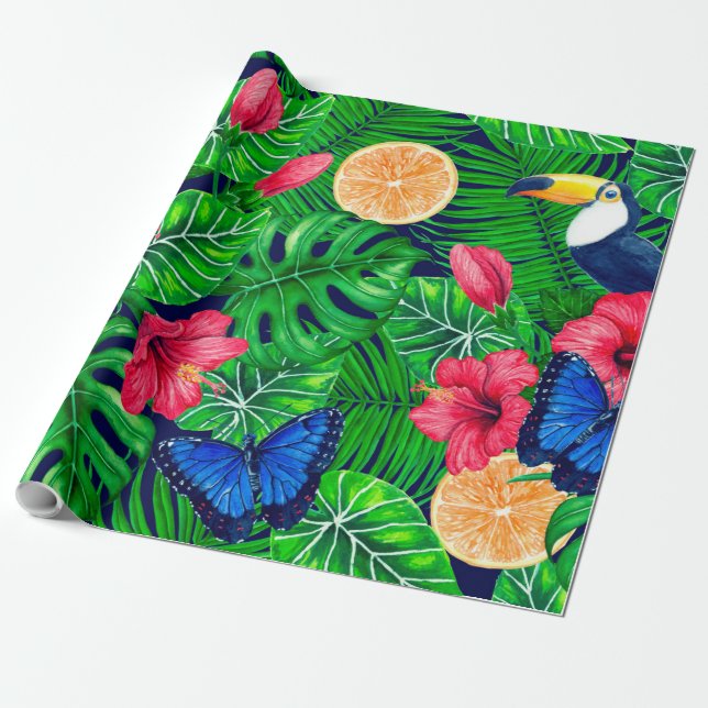 Papier Cadeau Aquarelle de jardin toucan et tropical (Déroulé)