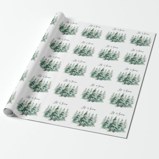 Papier Cadeau Aquarelle de neige Pins de Noël (Déroulé)