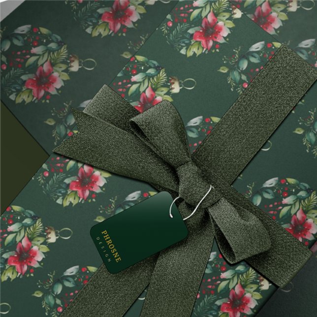 Papier Cadeau Aquarelle de Noël Arbre vert Poinsettia Bobble (Créateur téléchargé)