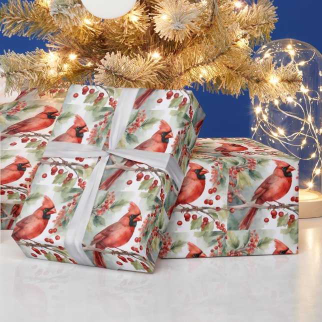 Papier Cadeau Aquarelle de Noël Cardinal rouge et baies (Vacances)