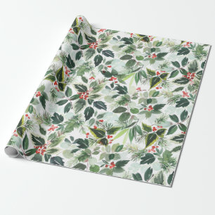 Papier Cadeau Aquarelle de Noël Festive Foliage Holly Berry