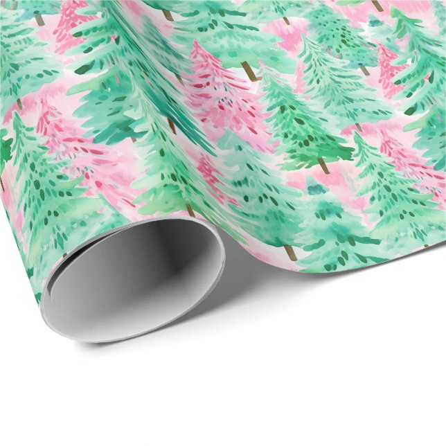 Papier Cadeau Aquarelle de Noël Palm Beach Pink & Green Trees (Coin rond)